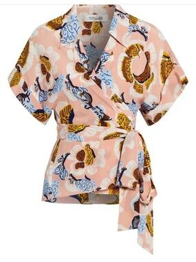 Diane Von Furstenberg Pink Floral Wrap Top with Blue and Gold Accents